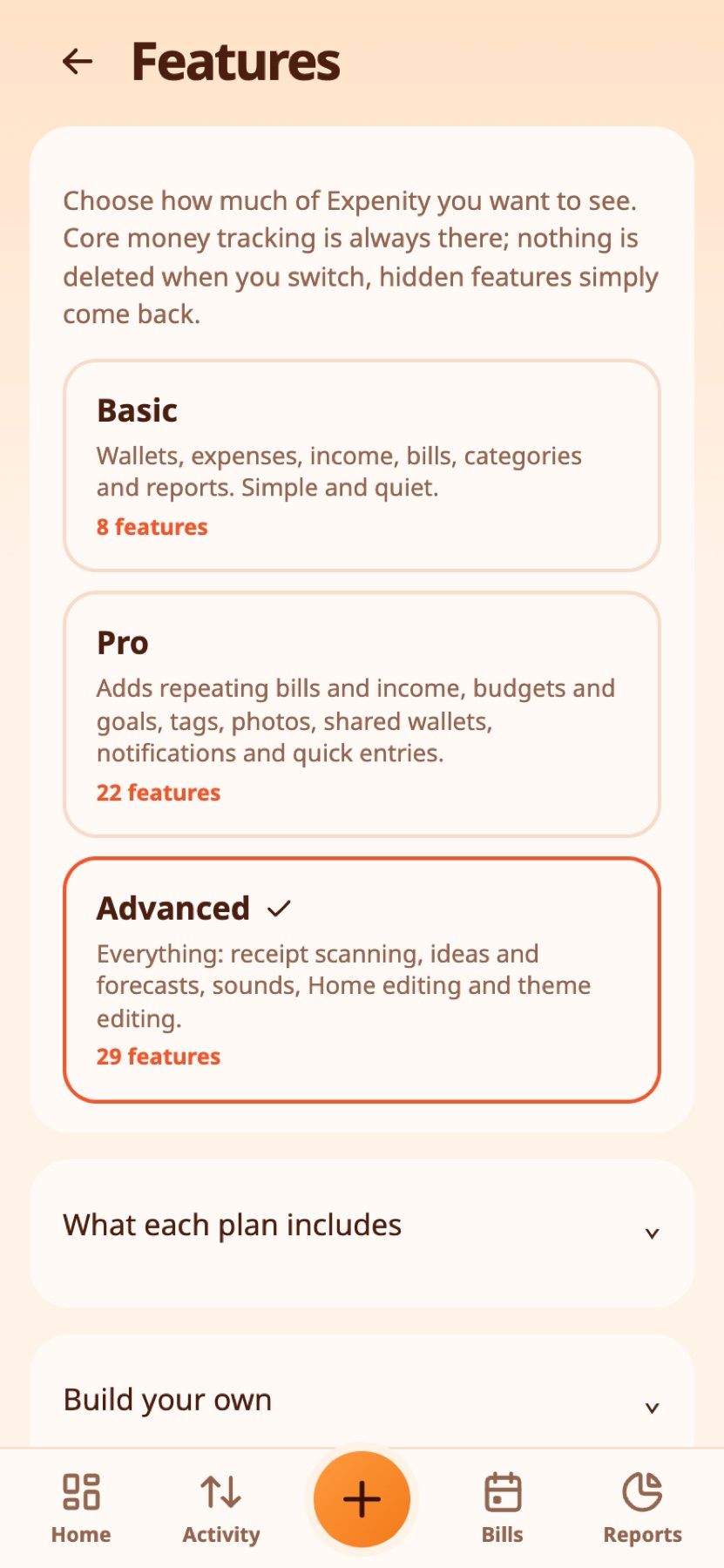 The Features page with the three plans.