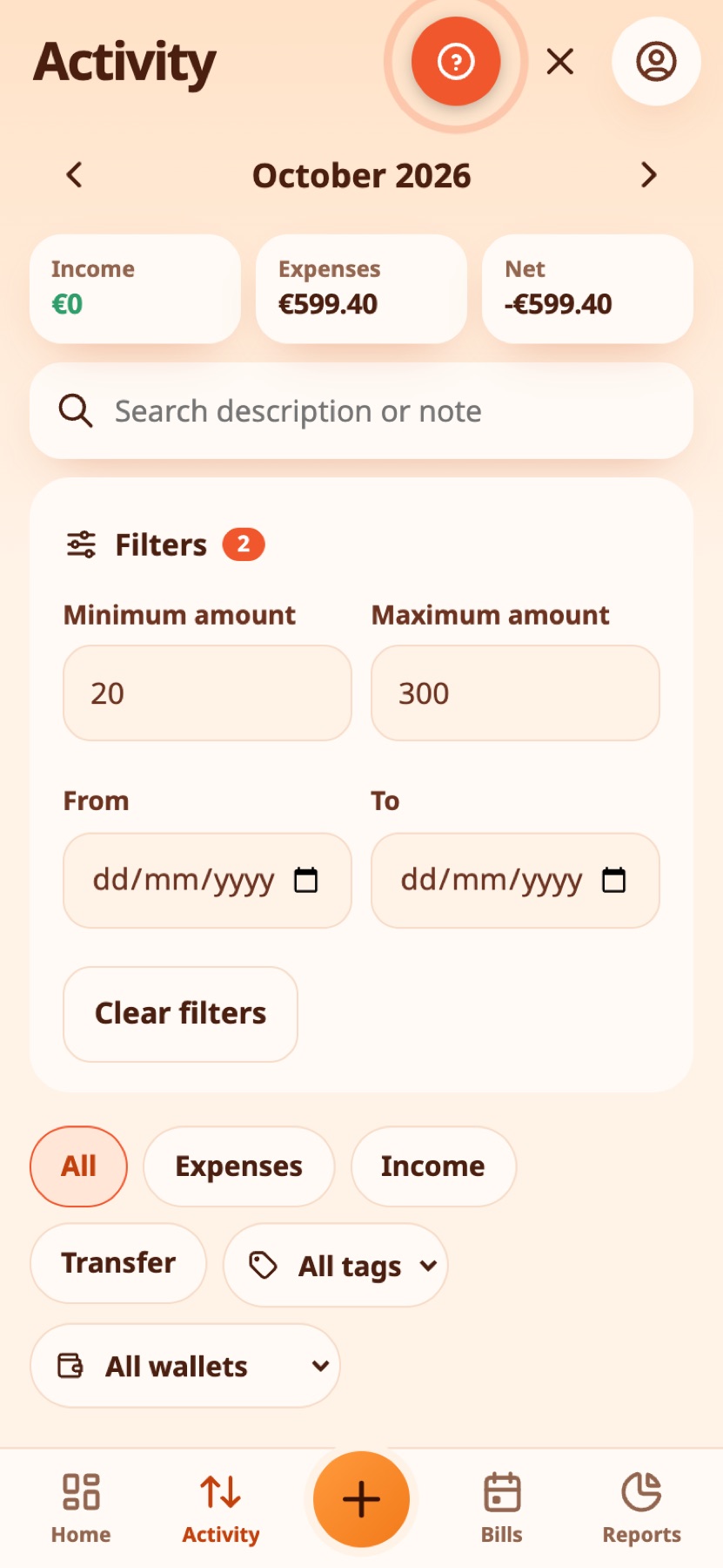 Activity with an amount filter.
