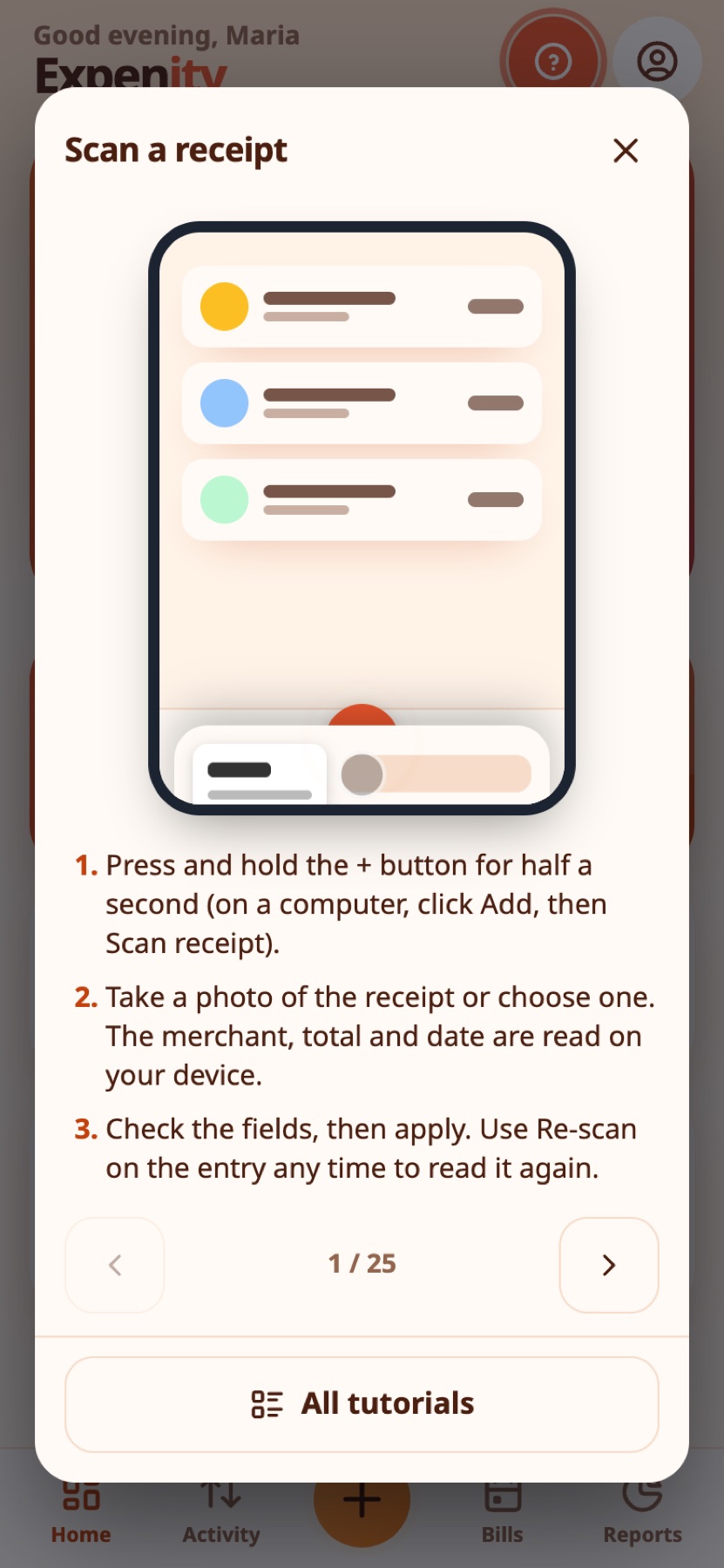 The help popup over the Home screen.