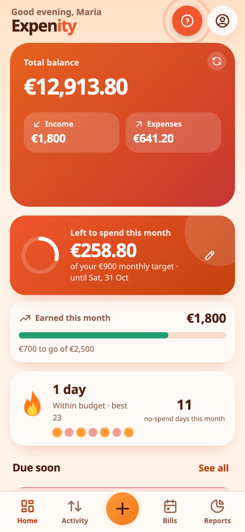 Home with the daily number, an income target and a streak.