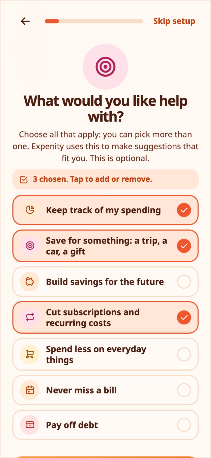 Choosing what you want help with.