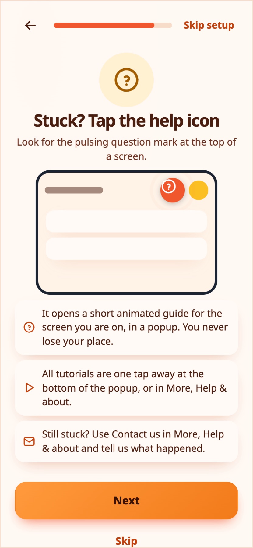 The setup step that introduces the help icon.