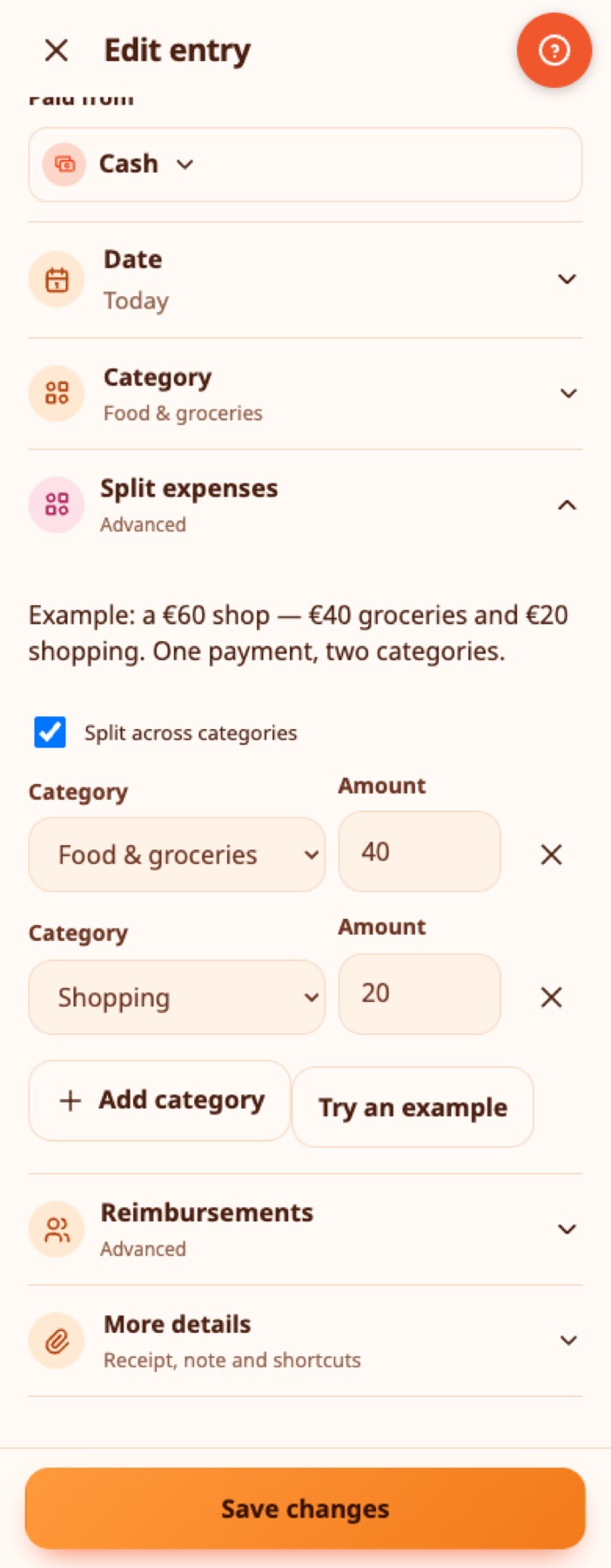 Split expense example